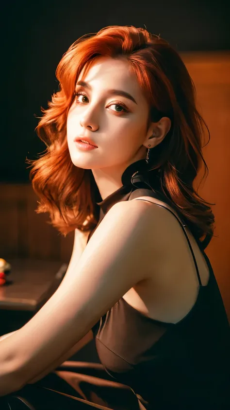 Best quality, masterpiece, ultra high res, (photorealistic:1.4), raw photo, 1girl, waist up, sitting, cinematic, beautiful girl, beautiful eyes, red hair, wearing black dress, jewelerry