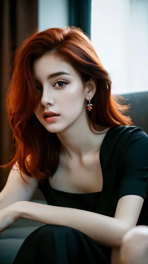 Best quality, masterpiece, ultra high res, (photorealistic:1.4), raw photo, 1girl, waist up, sitting, cinematic, beautiful girl, beautiful eyes, red hair, wearing black dress, jewelerry