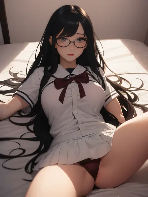 (1girl:1.3), Masterpiece, Best quality, amazing beauty, 4K, absurdres, finely detail, super detailed eye, perfect anatomy, official art, cinematic lighting, BREAK, bedroom, silky long hair, black hair, super shiny detailed black eye, Staring Intently, red ...