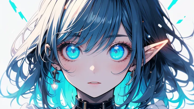 ((masterpiece)), (highest quality), (detailed), (One girl), (Internal Data Stream) Light blue gradient hair, Glowing blue eyes, Straight hair, Wearing a modern white shirt and black dress, Covered in data particles, Locked around the neck, elf goth woman 