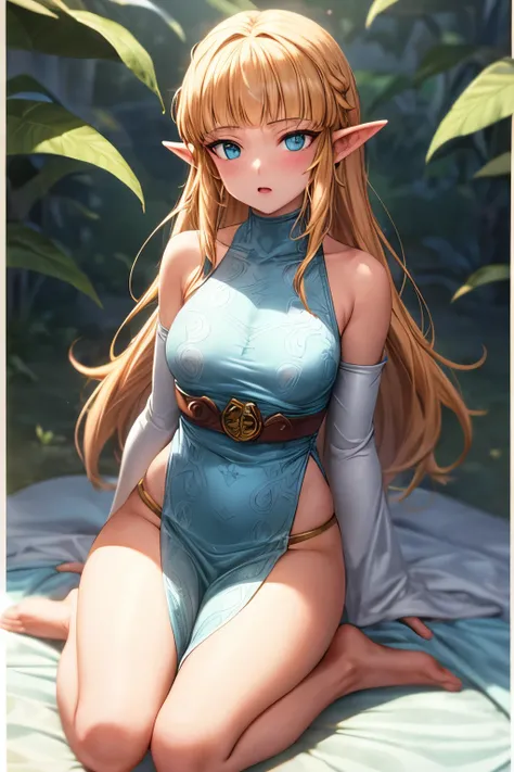 The Legend of Zelda Princess，Wearing a white robe，There is a green pattern，Dress conservatively，barefoot，blond，Blue Eyes，The golden belt has a green triangular gem and green patterns