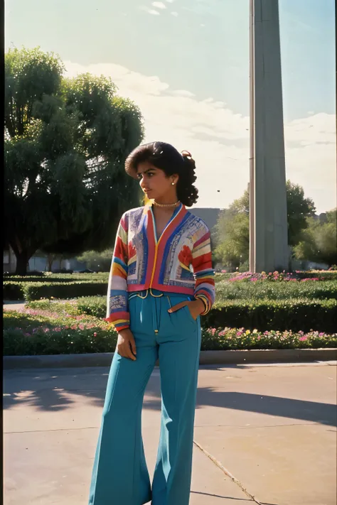 Fremont, California, 1985. A young ((((20-year-old)) Soraya Taheri)), afghan girl, in a park, looking away, ((((clothings from the 1980s)))), ((hairstyle of the 1980s)), ((colorful, Monet))