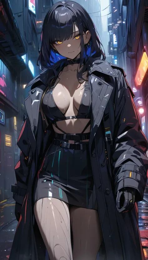 cyberpunk, assassin in black trench coat, walking in the dark alley, rainy day, canon, close-up, cowboy shot, uhd, masterpiece, ...