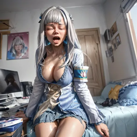 caught naked pose,(((Liz Hellesta))),gameroomconcept,PC Desk,Sitting in a gaming chair,Preste,Game Controller,keyboard,((Looking at the smartphone in his hand)),vtuber,Game Now Streaming,White Delivery Room,Liz Hellesta髪１，((Dressed seriously)),(((Do not ex...