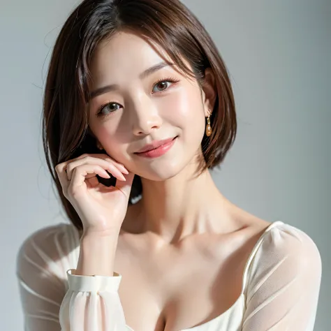 8k wallpaper、Highest quality、masterpiece、Realistic、Realistic、Shooting against a pure white background、Photos without shadows、White dress with long sleeves、Super detailed、30th generation、Korean、Hairstyle: Straight short hair.、Delicate skin types、Increases h...