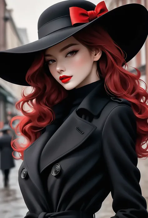 Magazine design，Fashion magazine cover，Black woolen trench coat，Round hat-wide brim，Pull the brim of your hat down to cover your eyes，Handsome，Elegant temperament，1 Girl，Big red lips