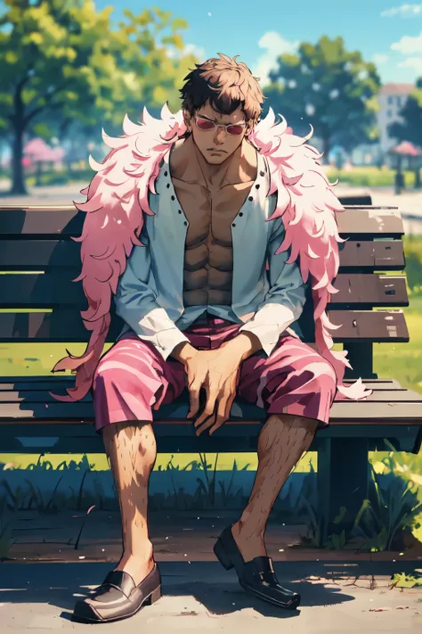 standing alone, bobo , gazing at viewer, serious face, pink feather boa, open shirt, sitting on park benches, wide arms