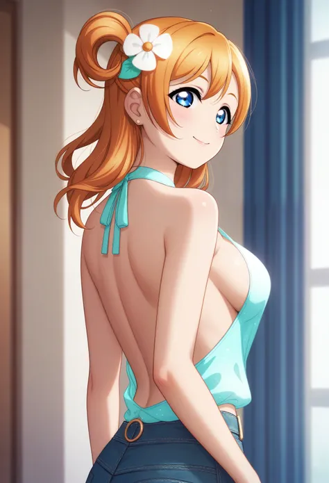 Honoka kousaka love live, blue eyes, orange hair,hair flower, solo, Fashion ,sideboobs, boobgasm, bshoulders, perfect  eyes, Perfect iris，Perfect skin，Soft front light，Casual，indoors；（pastel colour：1.2）, halter neck,thin straps , sexy, cowboy shot 