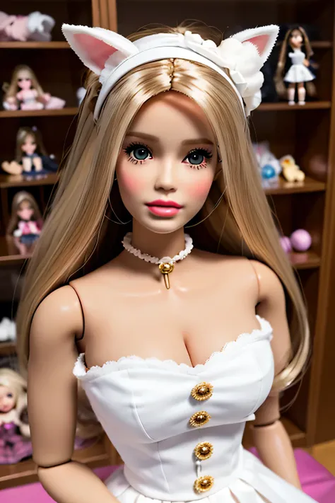 There is a doll in the display case，There are a lot of stuffed animals inside, ball jointed doll, plastic doll, Doll phobia, anime Barbie doll, How many dolls are there in one photo?, portrait of Barbie doll, dollpunk, Barbie doll, Art dolls, Natalie Shaw,...