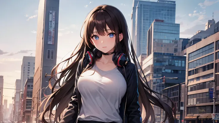 Highest quality, 8K, 4K, High resolution, High Contrast,1girl,only,Dark brown hair,Straight Long Hair,(Beautifully detailed face),Blue, clear eyes,Upper Eye,She has big breasts,２０generation,Shorts,  Open jacket,T-Shirts, In town,Headphones