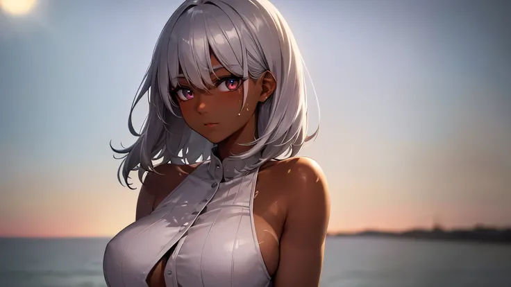 Highest quality, 8K, 4K, High resolution, High Contrast, The upper body is visible,1girl,only,Beautiful silver hair,Medium Hair,(Beautifully detailed face),Red, clear eyes,Upper Eye,She has big breasts,２０generation, (((Dark skinned women, Sunburned)))