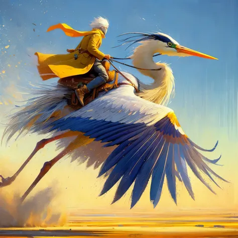 create a main character an 20 foot tall large two legged bird carrying a white haired man in a saddle, two leg bird similar to the great blue heron, the bird is sattled, the bird has only two legs, bird only has two legs, in a beautiful flat desert landsca...