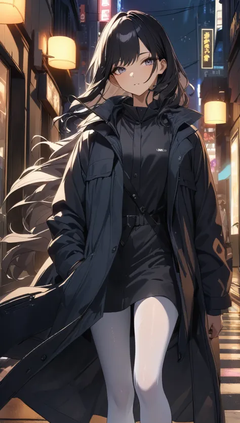 A beautiful woman wearing a black open-chested long trench coat, White tights underneath the windbreaker, Walking on the sidewalk at night, Windy Day, The hem of the windbreaker flutters in the wind, close-up, cowboy shot, UHD, masterpiece, textured skin, ...