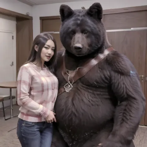 company meeting room、a large bear sits with his human minions。scared man、bear holding a beautiful woman