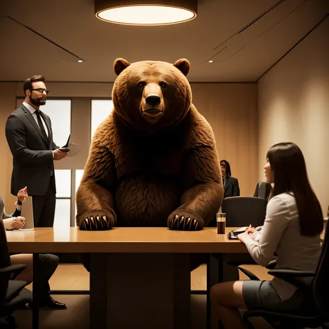 a large bear with human subordinates in a corporate meeting room, terrified people, beautiful woman held by the bear, detailed b...