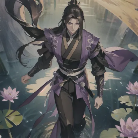 (masterpiece, best quality:1.2), 1male, solo, jiang cheng, mo dao zu shi, mdzs, purple and black clothes, purple eyes, long black hair, perfect anatomy, full body, water lily
