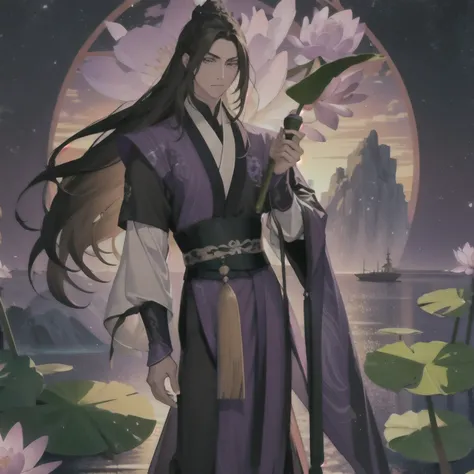 (masterpiece, best quality:1.2), 1male, solo, jiang cheng, mo dao zu shi, mdzs, purple and black clothes, purple eyes, long black hair, perfect anatomy, full body, water lily