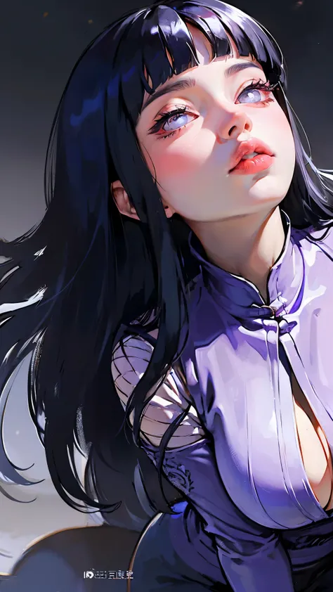 1girl, close up of face, adult, hinata hyuga, the last, shy girl, long black hair, blunt bangs, dark hair, voluminous hair, lave...