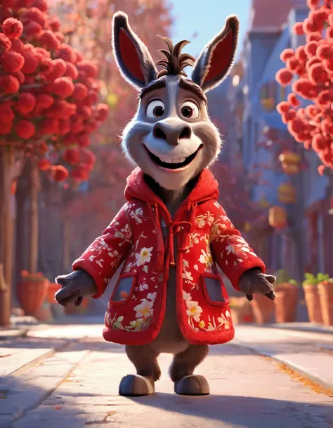 3d，c4d，disney art of animation，personification，donkey man，donkey-headed man，wearing a northeastern red floral thick cotton coat，...