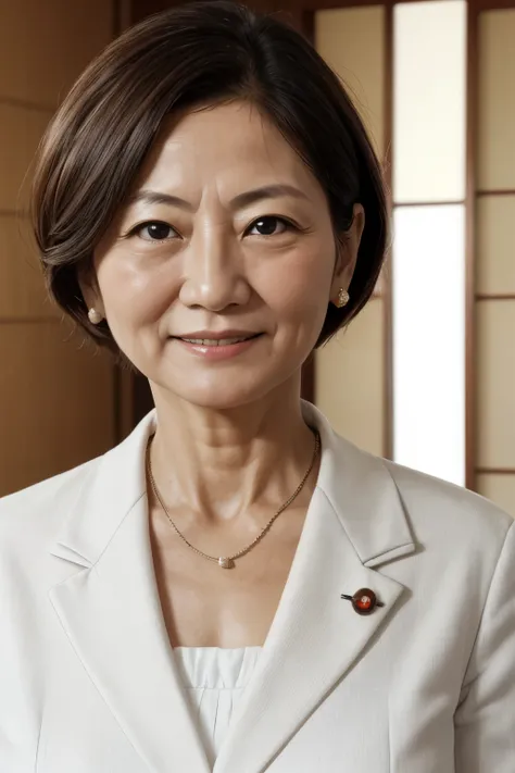 politician、40 year old grandma、Front of face、White formal attire、Light from the front、short hair、Japanese、ID photo、Narrow eyes