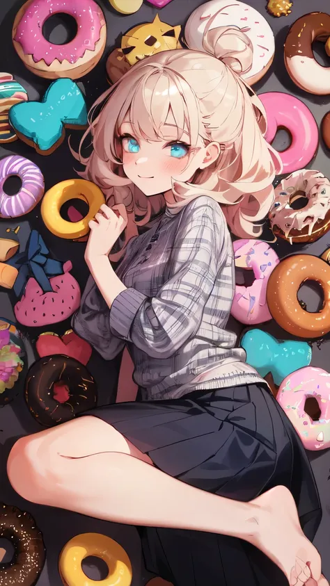 A young lady surrounded by hundreds of different kinds of donuts, squashed in fluffy cushions, colorful, detailed eyes of the young lady, fashionable patchwork shirt and skirt, curly hair style