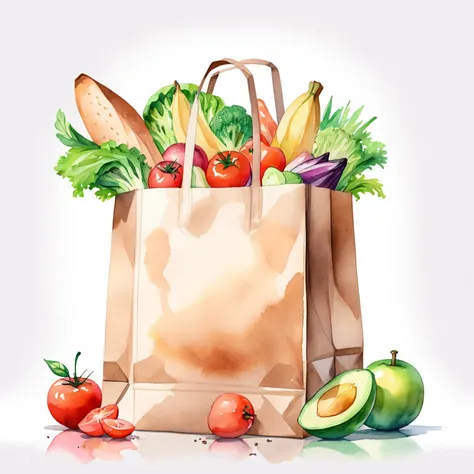 ((best quality)), ((masterpiece)), (detailed), loose watercolor, minimalist, create a picture of a cartoon grocery paper bag full of a lot healthy food, against plain brilliant white background, isolated, fresh, tasty, delicious, vibrant color. the grocery...