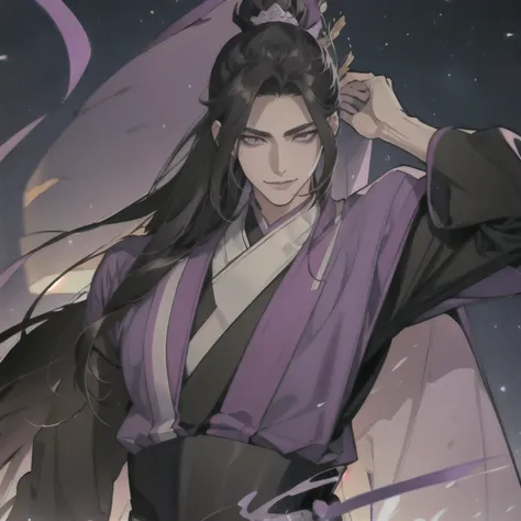 (masterpiece, best quality:1.2), 1male, solo, jiang cheng, mo dao zu shi, mdzs, purple and black clothes, purple eyes, long black hair, perfect anatomy, smile