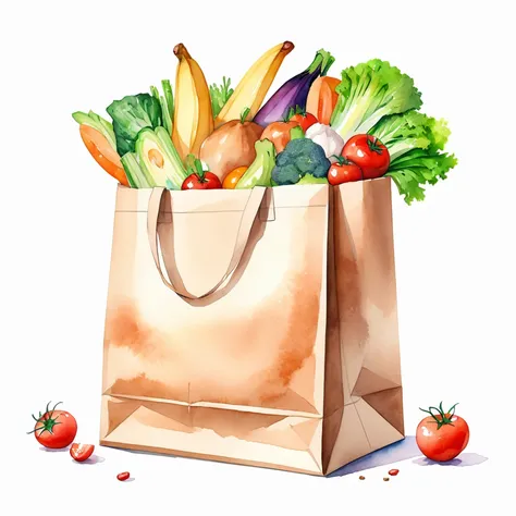 ((best quality)), ((masterpiece)), (detailed), loose watercolor, minimalist, create a picture of a cartoon grocery paper bag full of a lot healthy food, against plain brilliant white background, isolated, fresh, tasty, delicious, vibrant color. the grocery...