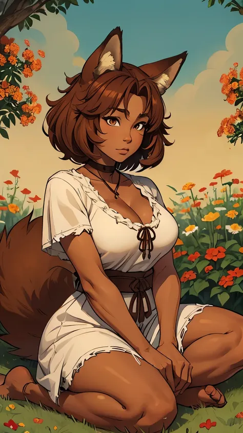 red fox, (monster girl), long brown ears with darker brown inside, brown fur, tan fuzz on the neck, brown fluffy tail with a tan...