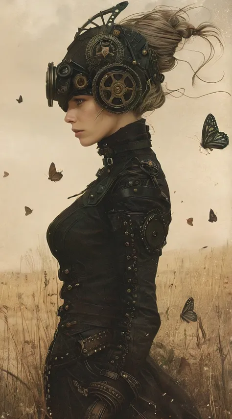 steampunk woman, gear head, in a field with butterflies, moody, dark, artistic, vintage, scratched paper, strong, artistic