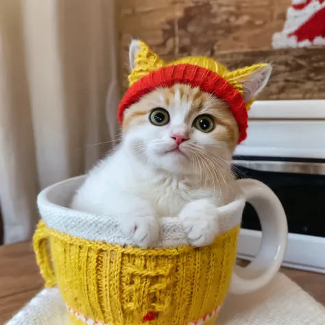 Kitten in a mug、Red mug、Adorable kitten、Kitchen Background、American Kitchen、ち密なMovie Sets、Happy looking kitten、Random hair color、Random pose、Sunlight is shining、Sunny、Movie Sets、A perfect life feeling is real、Kitten in a hat、Knitted hat、((Red and yellow st...