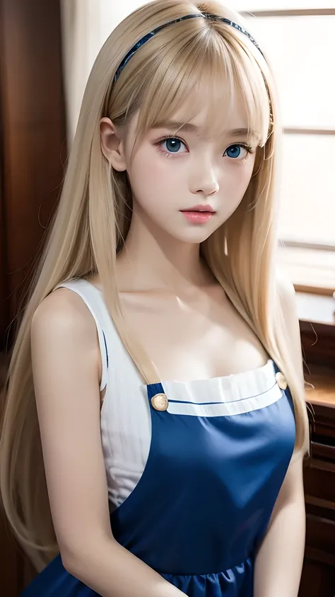 Highest quality、Ultra-high resolution、photograph、かわいい女の子のphotograph、Detailed cute and beautiful face、(Pure Eros Face_v1:0.008)、Alice in Wonderland、13 year old beautiful girl、White, shiny skin、bangs、Ultra long platinum blonde super long straight silky hair、...