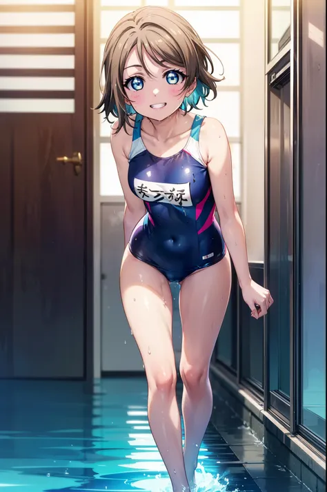 yo watanabe, issei watanabe, short hair, blue eyes, brown hair, smile, grin,swimsuit,barefoot,whole bodyがイラストに入る,wet hair,wet sw...