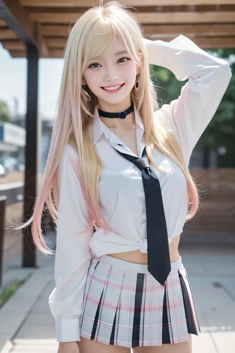 mix 4, (8K, RAW photo, highest quality, masterpiece: 1.45), (realistic, photorealistic: 1.37), Kitagawa Marine, (blonde hair, pink gradient hair:1.5), ((long hair:1.5, Sink bangs,colorful hair, red eyes)),(((indian style)))、japanese woman, 16 years old,hig...