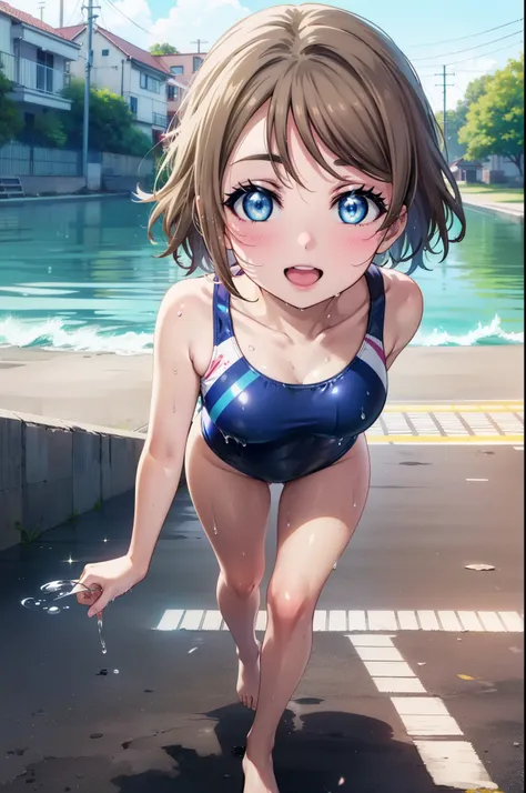 yo watanabe, issei watanabe, short hair, blue eyes, brown hair, smile, open your mouth,swimsuit,barefoot,whole bodyがイラストに入る,wet ...