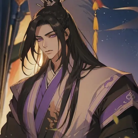 (masterpiece, best quality:1.2), 1male, solo, jiang cheng, mo dao zu shi, mdzs, purple and black clothes, purple eyes, long black hair, perfect anatomy