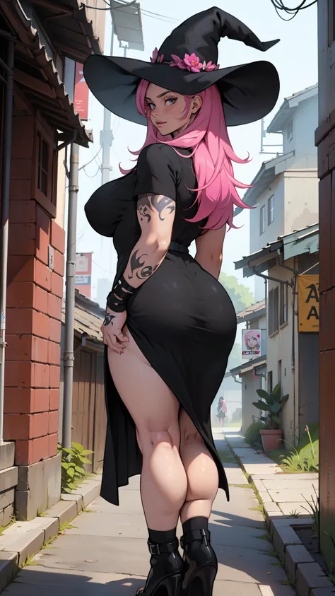 older woman, in their 30s, with long pink hair and tall, curvy body seen from behind, standing backwards, breasts big, Breasts huge, (work of art, best qualityer:1.2) wearing the legendary great black dress of the mystical sorceress, Big witch hat, standin...