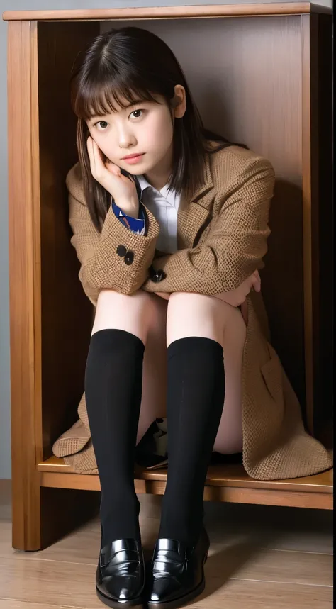 finest, masterpiece, High resolution, (Full body view from head to toe), Composition from slightly below the front, Symmetrical, 18 years old, slim and beautiful girl, alone, (small breasts), (not wearing shoes),Unkempt brown hair, bangs, (black tights), (...