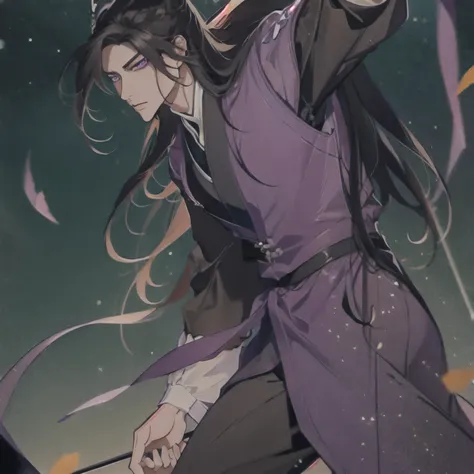 (masterpiece, best quality:1.2), 1male, solo, jiang cheng, mo dao zu shi, mdzs, purple and black clothes, purple eyes, long black hair, perfect anatomy