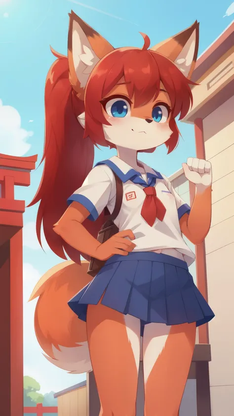 score_9,score_8_up,score_7_up, source_cartoon, source_furry, furry girl, fox, fox ears, red hair, long ponytail, makeup, red eyeshadows, blue eyes, ((japanese school shirt, blue short skirt)), small breasts, narrowed eyes, detailed body fur, detailed face,...