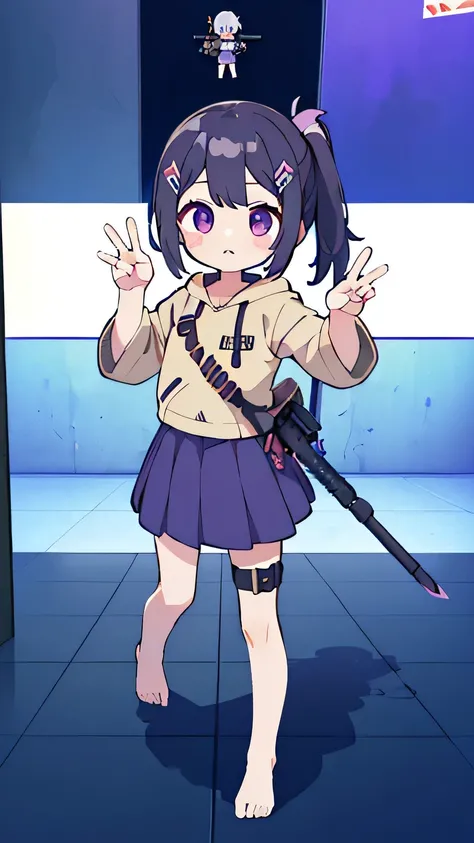 (1 girl)、Big head side ponytail、Pastel purple hair、(Purple hoodie、skirt)、(Demon Swordを持っている)、(Roaring pose）、(Cute pose)、(Peace pose),Demon Sword  (Mini character 1:2)、(Five delicate hands)、barefoot、(Mini character 1:2)、Naughty girl、8-year-old、(owns a snipe...