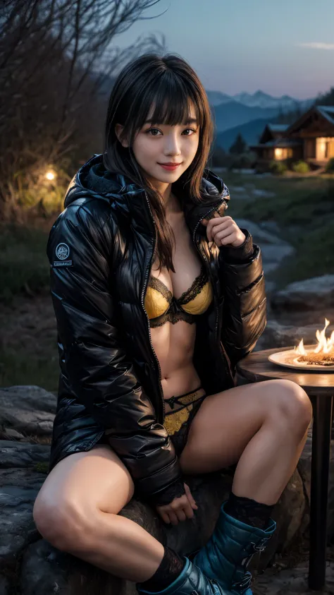 nsfw、(((Night view)))、((White Breath、Beautiful starry sky、In the mountains、smile、in the forest、winter、Cottage))、Sit in front of the bonfire、Outdoor、(((Front open black down jacket)))、((Leg warmers))、((Trekking boots))、 table、((Big Breasts))、short hair、((bl...