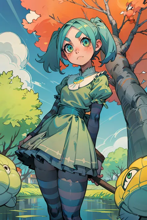 1 girl, standing alone, gazing at viewer,
ononokiyotsugi, water hair, shorth hair, greeneyes, twintails, Thick eyebrows, 
striped pantyhose, blue and gray pantyhose, don, orange don, throat of a branch turtle, white frills, ha, puff sleeves, manga curta, t...