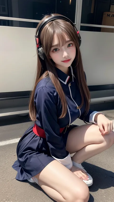 star、Supermodel、Perfect build、Muchimuchi、Three girls are looking at the viewer、girl、sagging breasts、fair thighs、beautiful feet、、cyber punk、headphone、gentle smile、seen by girls、Innocent face、Military Uniform Lolita, low angle shot, 