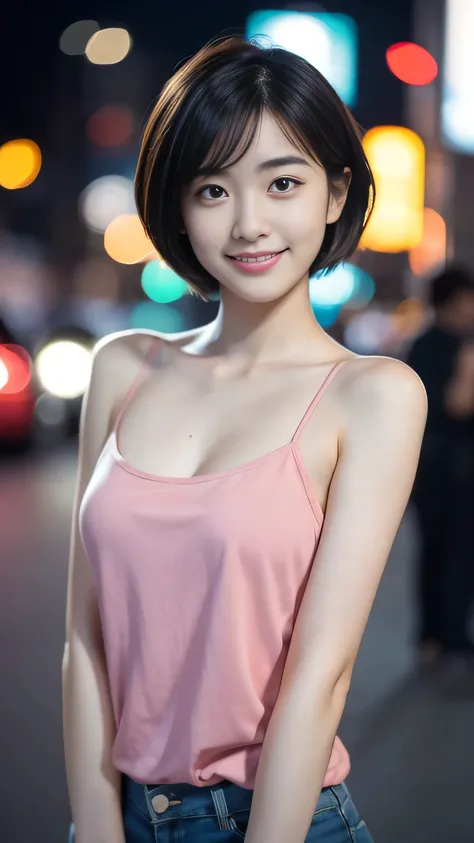 Highest quality，high resolution，8K  UHD, SLR camera，1 girl，Japanese University Students，18 years old，(camisole)，short hair style，Very beautiful face，(Ultra-high-definition images)，(An extremely beautiful face)，(HD Skin:1.2)，Smiling and looking at camera，A ...