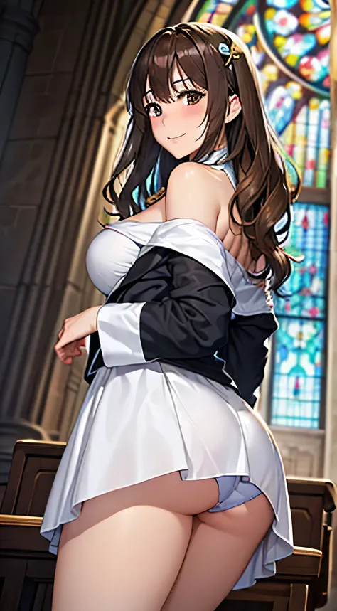 ((Tabletop, Highest quality, High resolution, , Pixel Perfect, 4K,))), 1 female, 、The whole body is visible、 ((Long Wavy Hair, bangs, Brown Hair)), ((Brown eyes, Beautiful eyelashes, Realistic eyes)), ((Detailed face, Blushing:1.2)), ((Smooth texture:0.75,...