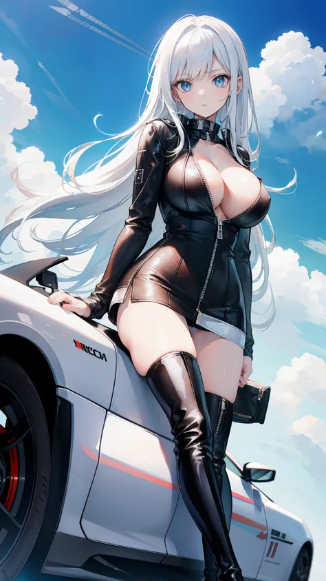 beautiful girl，(Racing girl)，Leather jumpsuit，(黑色Leather jumpsuit)，Leather Clothes，White long hair，(White hair)，(Bangs)，Zipper open，(Leather jacket zipped up)，((Cleavage))，Open your heart，(Shy expression)，Sit on a race car，Blue sky and white clouds，(Big Ti...