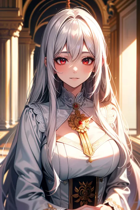 (best quality:1.1), (Masterpiece:1.2), lady, Shiny white hair, red eyes, long hair, ใบหน้าbeautiful, luxary dress, Big breasts, beautiful, collarbone, open chest, Bright face,  Royal high, hall background, ริมฝีปากอมชมพู, เครื่องประดับหรูหรา ((Highest qual...