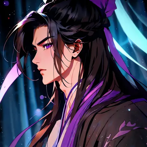 (masterpiece, best quality:1.2), 1male, solo, jiang cheng, mo dao zu shi, mdzs, purple and black clothes, purple eyes, long black hair, perfect anatomy