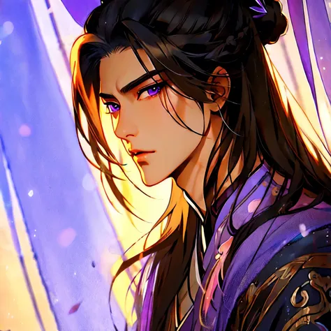 (masterpiece, best quality:1.2), 1male, solo, jiang cheng, mo dao zu shi, mdzs, purple and black clothes, purple eyes, long black hair, perfect anatomy